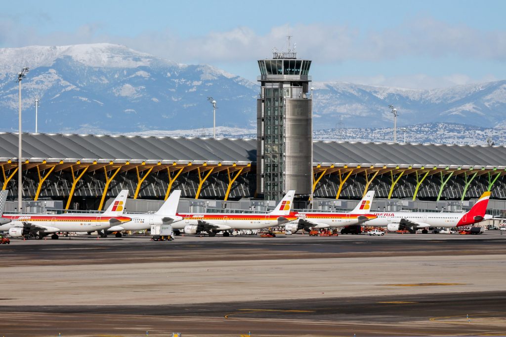 EEP9NR Iberia aircraft begin boarding on Terminal 4 at Madrid airport.